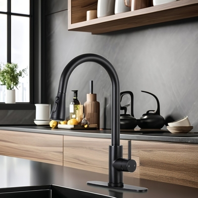 Rubinetto da cucina nero opaco con spruzzatore pull-down e design in ottone in stile contemporaneo
