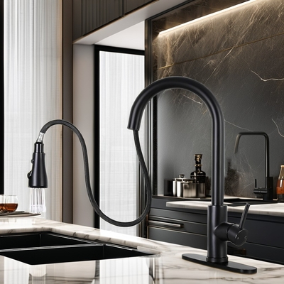 Rubinetto da cucina nero opaco con spruzzatore pull-down e design in ottone in stile contemporaneo